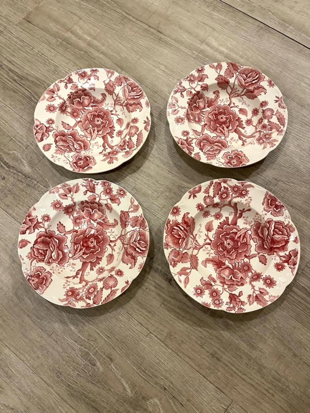 Vintage Johnson Brothers English Chippendale Red Floral Shallow Soup Bowls set 4
